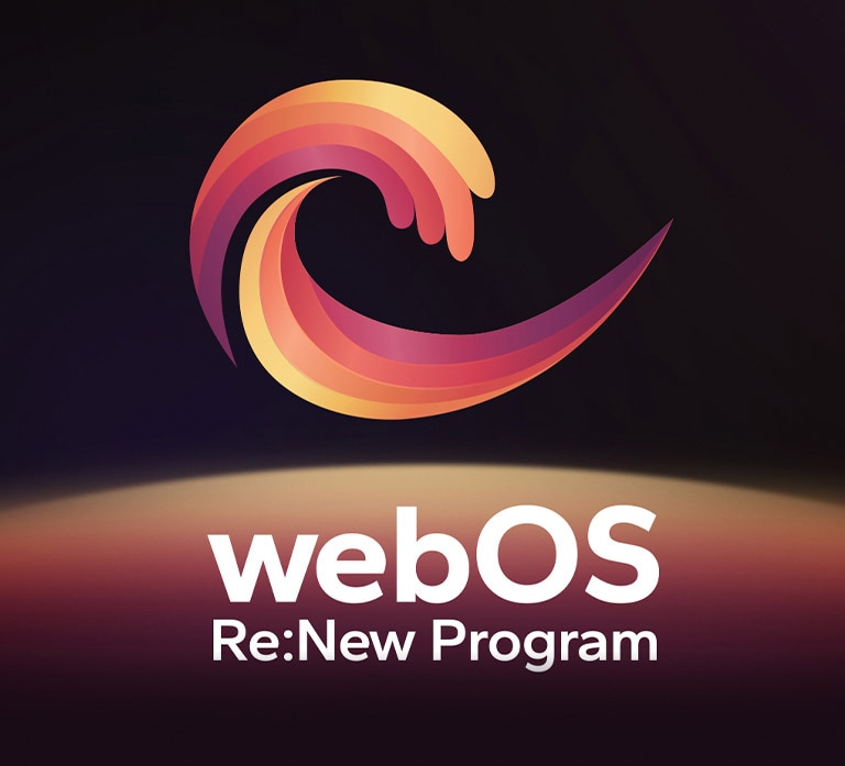Logo webOS Re:New Program je na čiernom pozadí v žltej a oranžovej farbe, v spodnej časti je fialová guľa.