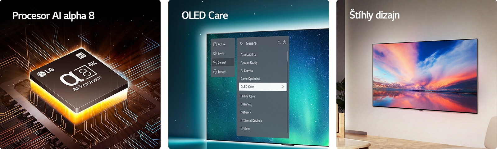 Procesor LG alpha 8 AI na základnej doske, ktorý vyžaruje oranžové svetelné lúče.  Televízor OLED s ponukou OLED Care je vybraný v ponuke podpory zobrazenej na obrazovke.  Štíhly dizajn v bočnom pohľade na televízor umiestnený rovno pri stene v modernom obytnom priestore.