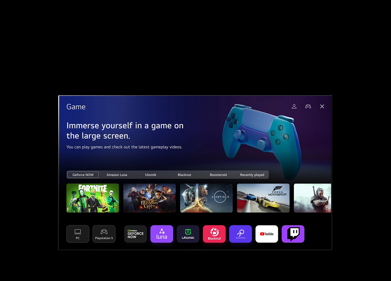 Kurzor klikne na položku Šport a obrazovka sa zmení na domovskú stránku Šport s textom „Zaregistrujte si svoj obľúbený tím/hráča a získajte ďalšie informácie o umiestnení v lige, programe zápasov alebo akékoľvek iné novinky“ a „Zoznam obľúbených líg“. Päť miniatúr je označených slovami Futbal, Basketbal, Bejzbal, Kriket a Ľadový hokej. Obrazovka postupne prejde späť, kurzor klikne na položku Hry a obrazovka sa zmení na domovskú stránku Hry s textom „Ponorte sa do hrania na veľkej obrazovke. Môžete hrať hry a pozrieť si najnovšie herné videá.“ Na obrázku sú zobrazené tlačidlá označené slovami Geforce NOW, Amazon Luna, Utomik, Blacknut, Boosteroid a Nedávno hrané. Zobrazujú sa nasledujúce logá: GeForce Now, Amazon Luna, Utomik, Blacknut, Boosteroid, YouTube a Twitch.