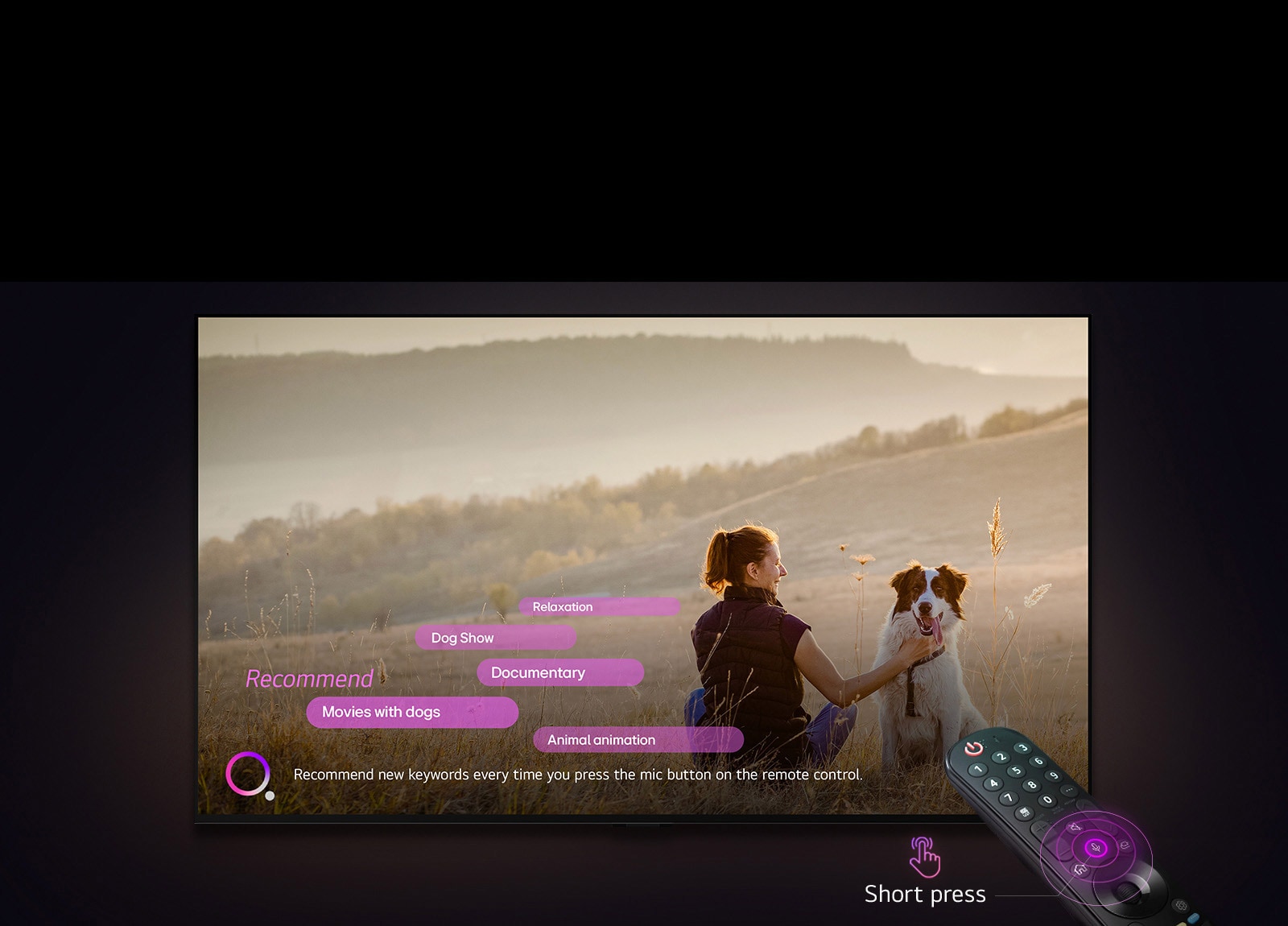 Televízor LG TV zobrazuje obraz ženy a psa na rozľahlom poli. V spodnej časti obrazovky sa zobrazuje text „Odporúčať nové kľúčové slová pri každom stlačení tlačidla mikrofónu na diaľkovom ovládači“ vedľa grafiky ružovo-fialového kruhu. Ružové pruhy zobrazujú nasledujúce kľúčové slová: Filmy so psami, Pes, Jeseň, Oddych, Priateľstvo. Pred televízorom LG TV sa nachádza ovládač LG Magic Remote nasmerovaný na televízor s neónovo fialovými sústrednými kruhmi okolo tlačidla mikrofónu. Vedľa diaľkového ovládača sa zobrazuje grafika prsta stláčajúceho tlačidlo a text „Krátko stlačte“.