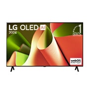 LG 48-palcový LG OLED evo B4 4K Smart TV OLED48B4, Pohľad spredu s televízorom LG OLED B4, emblémom 11 rokov svetovej jednotky OLED a logom webOS Re:New Program na obrazovke so stojanom s dvomi nohami, OLED48B46LA, thumbnail 1