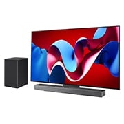 LG 55-palcový LG OLED evo C4 4K Smart TV OLED55C4, Mierne naklonený pravý bočný pohľad na televízor LG OLED evo, OLED C4 so zvukovým panelom LG pod ním a subwooferom na boku, OLED55C43LA, thumbnail 2