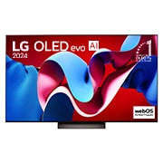LG 65-palcový LG OLED evo C4 4K Smart TV OLED65C4, Pohľad spredu s televízorom LG OLED evo TV, OLED C4, emblémom 11 rokov svetovej jednotky OLED a logom webOS Re:New Program na obrazovke so stojanom s dvomi nohami, OLED65C43LA, thumbnail 5