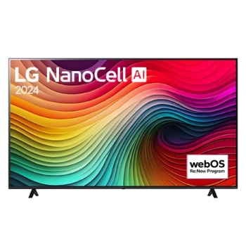 Pohľad spredu na LG NanoCell TV, NANO82 s textom LG NanoCell, 2024 a logom webOS Re:New Program na obrazovke1