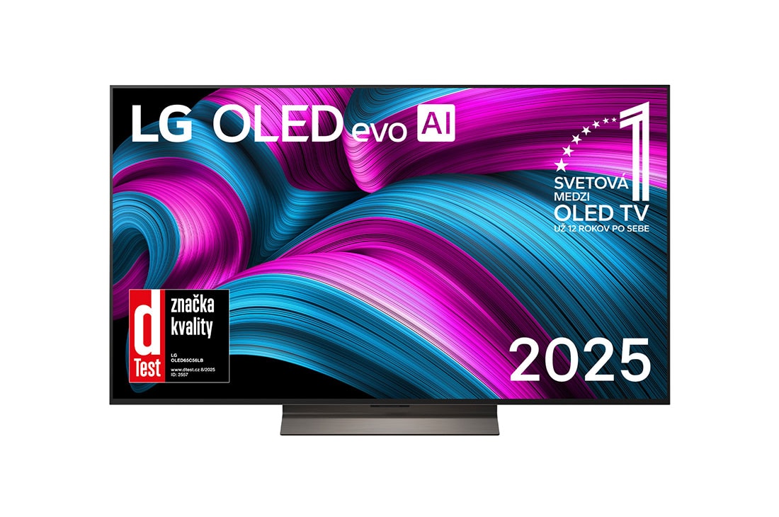 LG 65 palcový LG OLED evo AI C5 4K Smart TV 2025, Pohľad spredu na LG OLED evo AI C5 4K Smart TV. Na obrazovke sa zobrazuje emblém 12 rokov svetovej jednotky v OLED a logo LG OLED evo AI 2025., OLED65C56LB