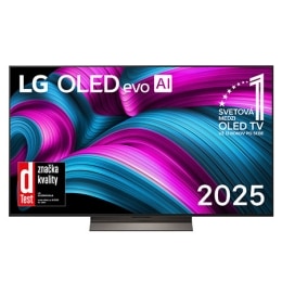 Pohľad spredu na LG OLED evo AI C5 4K Smart TV. Na obrazovke sa zobrazuje emblém 12 rokov svetovej jednotky v OLED a logo LG OLED evo AI 2025.