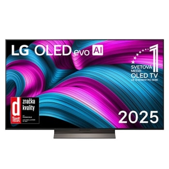 Pohľad spredu na LG OLED evo AI C5 4K Smart TV. Na obrazovke sa zobrazuje emblém 12 rokov svetovej jednotky v OLED a logo LG OLED evo AI 2025.