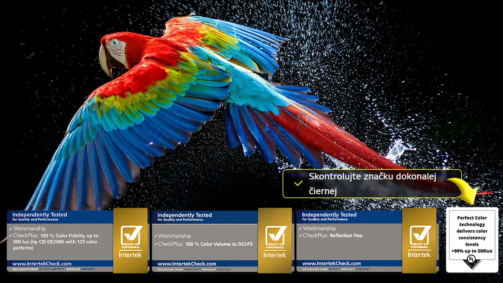 Na obrazovke televízora sa zobrazuje oslnivý a žiarivo farebný ohňostroj. Zobrazuje sa certifikačné logo s textom „Technológia Perfect Color poskytuje úroveň konzistentnosti farieb vyššiu ako 99 % až do 500 luxov“. Vedľa sa zobrazuje aj certifikácia bez odrazov a ďalšie certifikácie spoločnosti Intertek, ktoré potvrdzujú nezávislé testovanie.