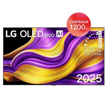 Pohľad spredu na LG OLED evo AI G5 4K Smart TV. Na obrazovke sa zobrazuje emblém 12 rokov svetovej jednotky v OLED a logo LG OLED evo AI 2025.
