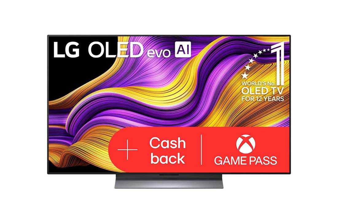 LG 48 -palcový LG OLED evo AI G5 4K Smart TV 2025, Pohľad spredu na LG OLED evo AI G5 4K Smart TV. Na obrazovke sa zobrazuje emblém 12 rokov svetovej jednotky v OLED a logo LG OLED evo AI 2025., OLED48G56LS