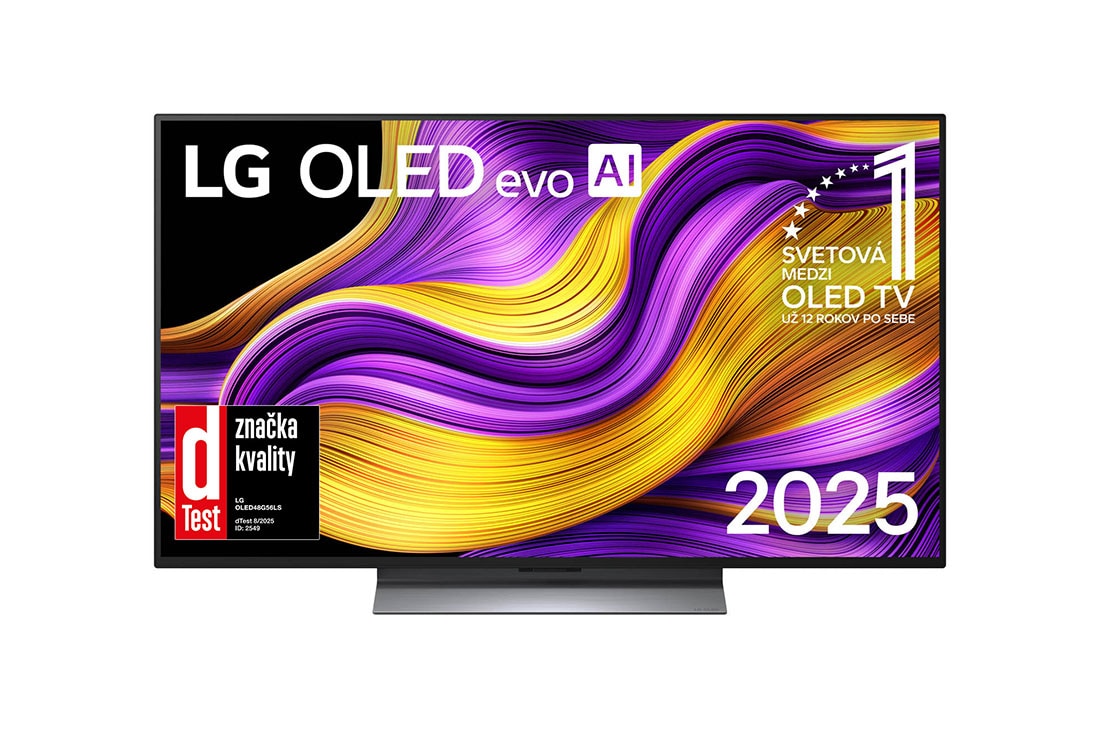 LG 48 palcový LG OLED evo AI G5 4K Smart TV 2025, Pohľad spredu na LG OLED evo AI G5 4K Smart TV. Na obrazovke sa zobrazuje emblém 12 rokov svetovej jednotky v OLED a logo LG OLED evo AI 2025., OLED48G56LS