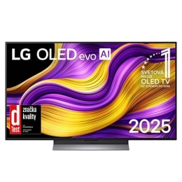 Pohľad spredu na LG OLED evo AI G5 4K Smart TV. Na obrazovke sa zobrazuje emblém 12 rokov svetovej jednotky v OLED a logo LG OLED evo AI 2025.2