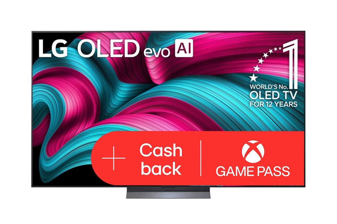 LG 77 - palcový LG OLED evo AI C5 4K Smart TV 2025, Pohľad spredu na LG OLED evo AI C5 4K Smart TV. Na obrazovke sa zobrazuje emblém 12 rokov svetovej jednotky v OLED a logo LG OLED evo AI 2025., OLED77C54LA