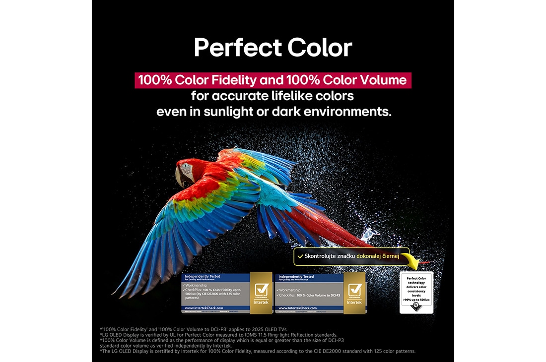 LG 55 palcový LG OLED evo AI C5 4K Smart TV 2025, Na obrazovke televízora sa zobrazuje oslnivý a žiarivo farebný ohňostroj. Toto dokazuje 100 % vernosť farieb, ktorá zobrazuje presné farby aj na slnečnom svetle.  Zobrazuje sa certifikačné logo s text, OLED55C56LB, thumbnail 8