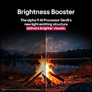 LG 55 palcový LG OLED evo AI C5 4K Smart TV 2025, Táborový oheň v noci uprostred prírody. Večerná obloha je posiata hviezdami. Celá scéna je rozdelená na polovicu. Jedna strana je tmavšia a matnejšia. Druhá polovica je výrazne jasnejšia a ukazuje pôs, OLED55C56LB, thumbnail 6