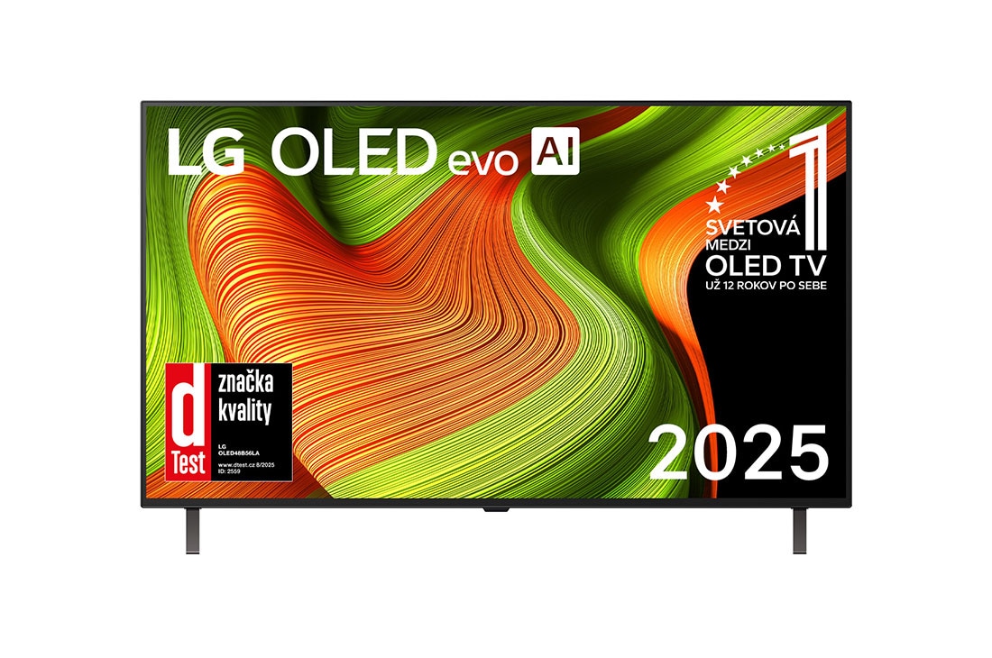 LG 48 palcový LG OLED AI B5 4K Smart TV 2025, Pohľad spredu na LG OLED AI B5 4K Smart TV. Na obrazovke je znak 12 rokov svetová jednotka v OLED a logo LG OLED AI 2025., OLED48B56LA