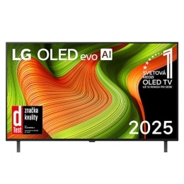 Pohľad spredu na LG OLED AI B5 4K Smart TV. Na obrazovke je znak 12 rokov svetová jednotka v OLED a logo LG OLED AI 2025.2