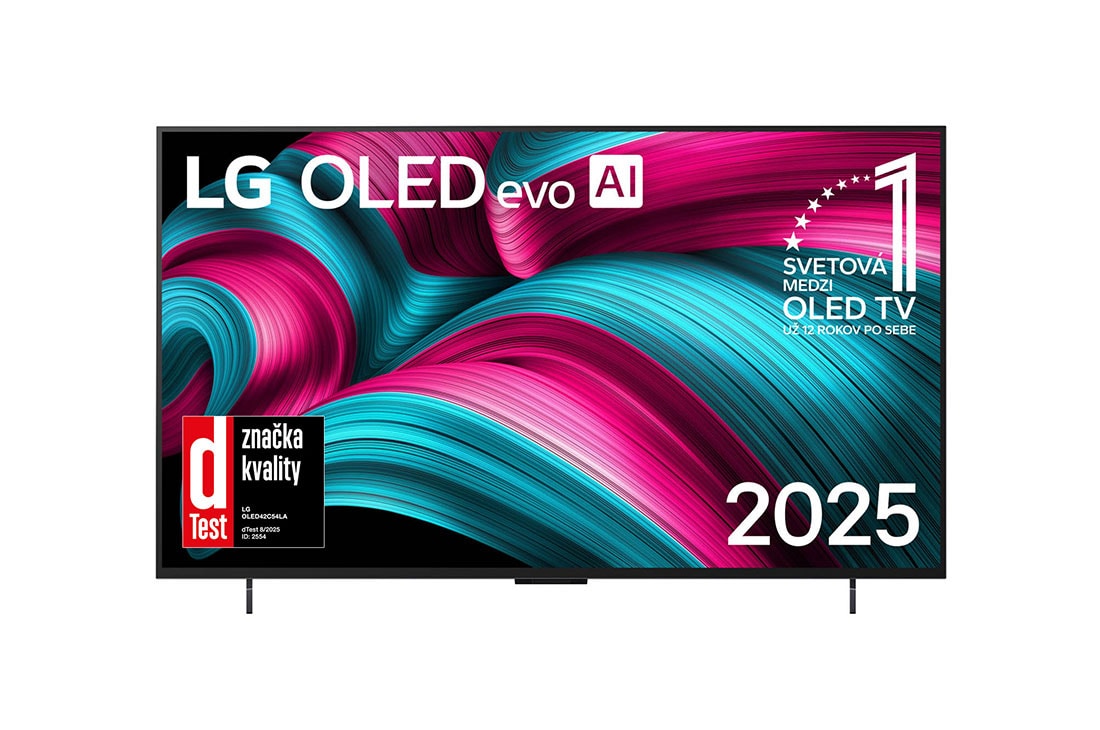 LG 42 palcový televízor LG OLED evo AI C5 4K Smart TV 2025, Pohľad spredu na LG OLED evo AI C5 4K Smart TV. Na obrazovke sa zobrazuje emblém 12 rokov svetovej jednotky v OLED a logo LG OLED evo AI 2025., OLED42C54LA