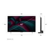 LG 42 palcový televízor LG OLED evo AI C5 4K Smart TV 2025, Pohľad spredu a z boku na LG OLED evo AI C5 4K Smart TV, kde sa zobrazuje jeho dĺžka, šírka, výška a hĺbka., OLED42C54LA, thumbnail 4