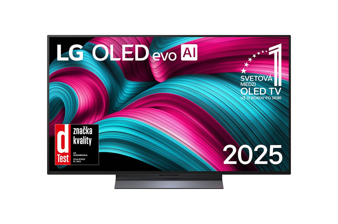 LG 48 palcový televízor LG OLED evo AI C5 4K Smart TV 2025, Pohľad spredu na LG OLED evo AI C5 4K Smart TV. Na obrazovke sa  zobrazuje emblém  12 rokov svetovej jednotky v OLED a logo LG OLED evo AI 2025., OLED48C54LA