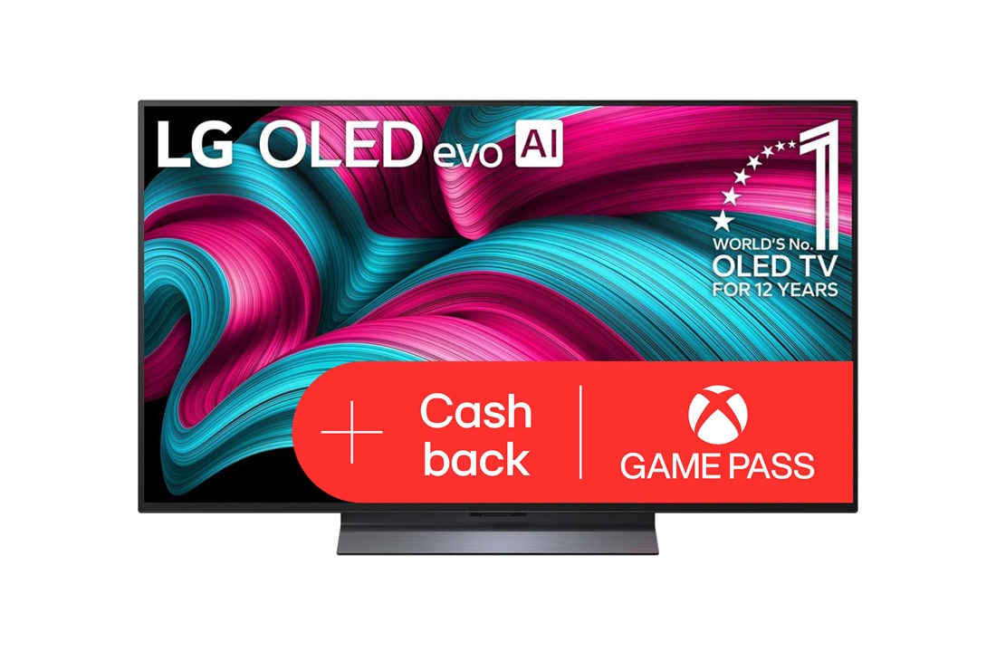 LG 48-palcový televízor LG OLED evo AI C5 4K Smart TV 2025, Pohľad spredu na LG OLED evo AI C5 4K Smart TV. Na obrazovke sa  zobrazuje emblém  12 rokov svetovej jednotky v OLED a logo LG OLED evo AI 2025., OLED48C54LA