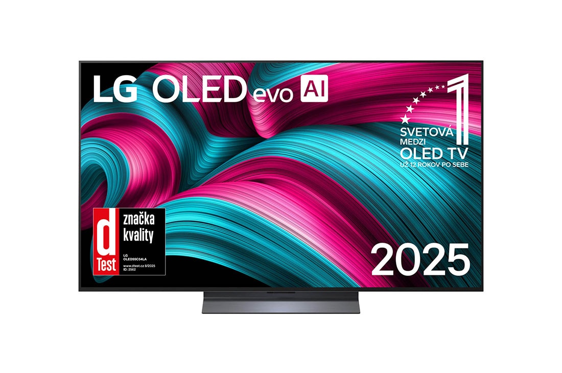 LG 55 palcový televízor LG OLED evo AI C5 4K Smart TV 2025, Pohľad spredu na LG OLED evo AI C5 4K Smart TV. Na obrazovke sa zobrazuje emblém 12 rokov svetovej jednotky v OLED a logo LG OLED evo AI 2025., OLED55C54LA