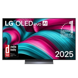 Pohľad spredu na LG OLED evo AI C5 4K Smart TV. Na obrazovke sa zobrazuje emblém 12 rokov svetovej jednotky v OLED a logo LG OLED evo AI 2025.