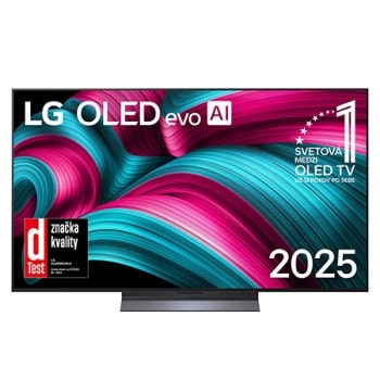 Pohľad spredu na LG OLED evo AI C5 4K Smart TV. Na obrazovke sa zobrazuje emblém 12 rokov svetovej jednotky v OLED a logo LG OLED evo AI 2025.