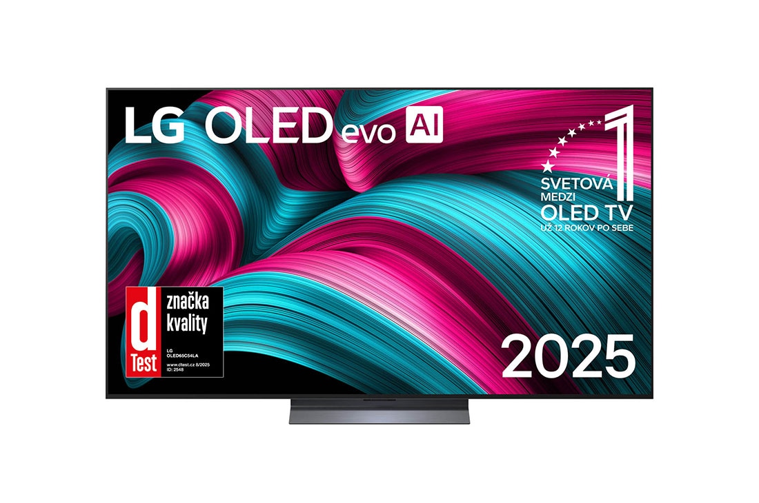 LG 65 palcový televízor LG OLED evo AI C5 4K Smart TV 2025, Pohľad spredu na LG OLED evo AI C5 4K Smart TV. Na obrazovke sa zobrazuje emblém 12 rokov svetovej jednotky v OLED a logo LG OLED evo AI 2025., OLED65C54LA