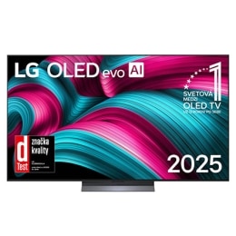 Pohľad spredu na LG OLED evo AI C5 4K Smart TV. Na obrazovke sa zobrazuje emblém 12 rokov svetovej jednotky v OLED a logo LG OLED evo AI 2025.