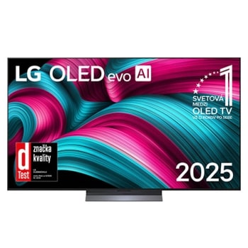 Pohľad spredu na LG OLED evo AI C5 4K Smart TV. Na obrazovke sa zobrazuje emblém 12 rokov svetovej jednotky v OLED a logo LG OLED evo AI 2025.