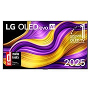 LG 65 palcový LG OLED evo AI G5 4K Smart TV 2025, Pohľad spredu na LG OLED evo AI G5 4K Smart TV. Na obrazovke sa zobrazuje emblém 12 rokov svetovej jednotky v OLED a logo LG OLED evo AI 2025., OLED65G54LW, thumbnail 1
