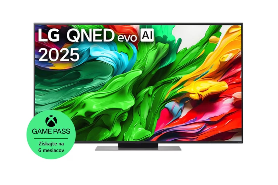 LG 55 -palcový LG QNED evo AI QNED85 4K Smart TV 2025, Pohľad spredu na LG QNED evo QNED92 TV, logo LG QNED evo AI v hornom rohu. Na televízore LG QNED evo QNED92 TV sa zobrazujú farebné textúry pripomínajúce maľbu, ktoré sa spájajú., 55QNED86A6A