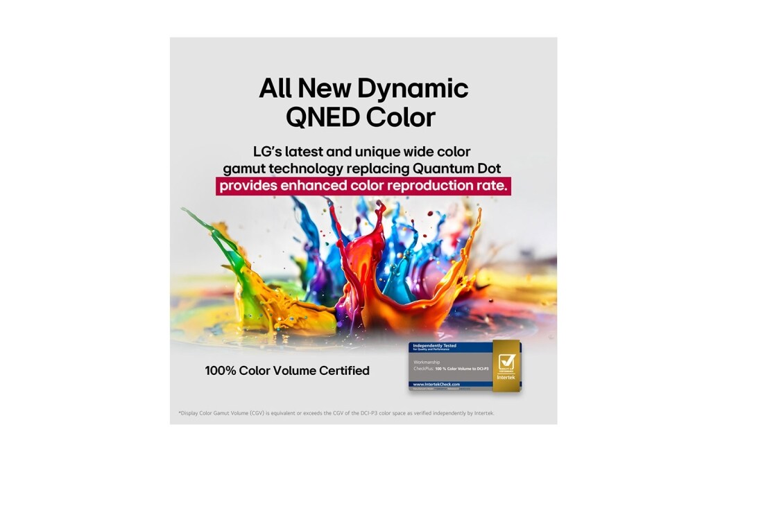LG 65 palcový LG QNED evo AI QNED85 4K Smart TV 2025, Zo zeme vystreľujú farebné gejzíry rôznych farieb. Certifikácia Intertek pre 100 % farebný rozsah do DCI-P3. Nadpis informuje o novej a jedinečnej technológii širokého farebného rozsahu od spoločnosti, 65QNED86A6A, thumbnail 5