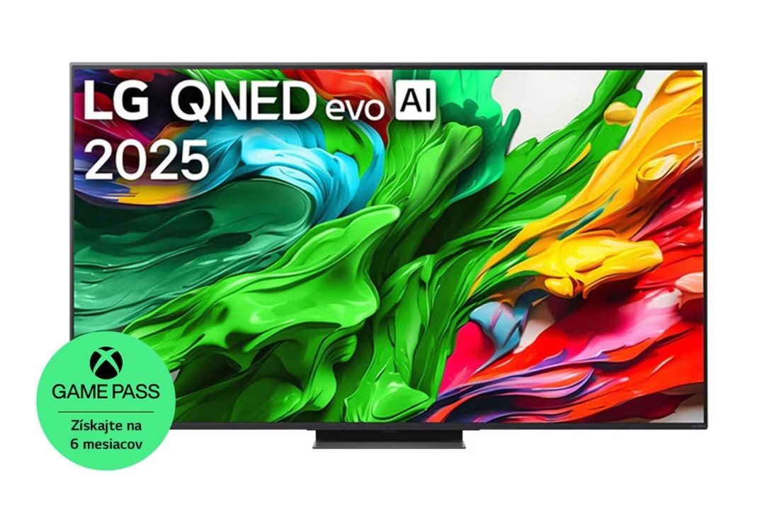 LG 65 -palcový LG QNED evo AI QNED85 4K Smart TV 2025, Pohľad spredu na LG QNED evo QNED92 TV, logo LG QNED evo AI v hornom rohu. Na televízore LG QNED evo QNED92 TV sa zobrazujú farebné textúry pripomínajúce maľbu, ktoré sa spájajú., 65QNED86A6A