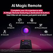LG 65 palcový LG QNED evo AI QNED85 4K Smart TV 2025, LG AI Magic Remote so zvýrazneným tlačidlom AI. Okolo neho sú rôzne funkcie, ku ktorým môže používateľ získať prístup z tlačidla. AI Voice ID, AI Search, AI Chatbot, AI Concierge, AI Picture Wizard, A, 65QNED86A6A, thumbnail 11
