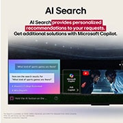 LG 65 palcový LG QNED evo AI QNED85 4K Smart TV 2025, Pohľad zblízka na obrazovku LG TV ukazujúcu, ako funguje AI Search. Otvorené je malé okno četu, ktoré zobrazuje, ako sa používateľ opýtal, aké športové hry sú k dispozícii. AI hľadanie odpovedalo pros, 65QNED86A6A, thumbnail 12