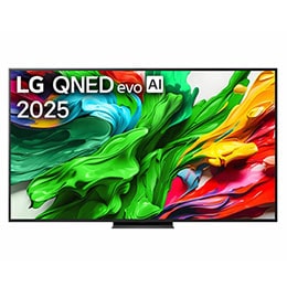 Pohľad spredu na LG QNED evo QNED92 TV, logo LG QNED evo AI v hornom rohu. Na televízore LG QNED evo QNED92 TV sa zobrazujú farebné textúry pripomínajúce maľbu, ktoré sa spájajú.