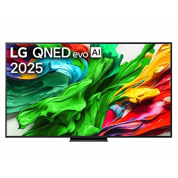 Pohľad spredu na LG QNED evo QNED92 TV, logo LG QNED evo AI v hornom rohu. Na televízore LG QNED evo QNED92 TV sa zobrazujú farebné textúry pripomínajúce maľbu, ktoré sa spájajú.