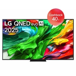 Pohľad spredu na LG QNED evo QNED92 TV, logo LG QNED evo AI v hornom rohu. Na televízore LG QNED evo QNED92 TV sa zobrazujú farebné textúry pripomínajúce maľbu, ktoré sa spájajú.2