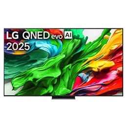 Pohľad spredu na LG QNED evo QNED92 TV, logo LG QNED evo AI v hornom rohu. Na televízore LG QNED evo QNED92 TV sa zobrazujú farebné textúry pripomínajúce maľbu, ktoré sa spájajú.2