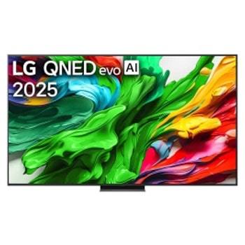 Pohľad spredu na LG QNED evo QNED92 TV, logo LG QNED evo AI v hornom rohu. Na televízore LG QNED evo QNED92 TV sa zobrazujú farebné textúry pripomínajúce maľbu, ktoré sa spájajú.1