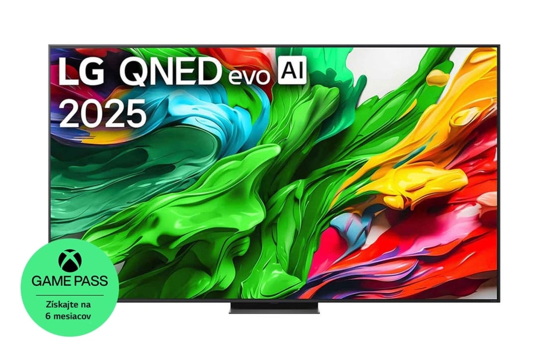 LG 86 -palcový LG QNED evo AI QNED85 4K Smart TV 2025, Pohľad spredu na LG QNED evo QNED92 TV, logo LG QNED evo AI v hornom rohu. Na televízore LG QNED evo QNED92 TV sa zobrazujú farebné textúry pripomínajúce maľbu, ktoré sa spájajú., 86QNED86A6A