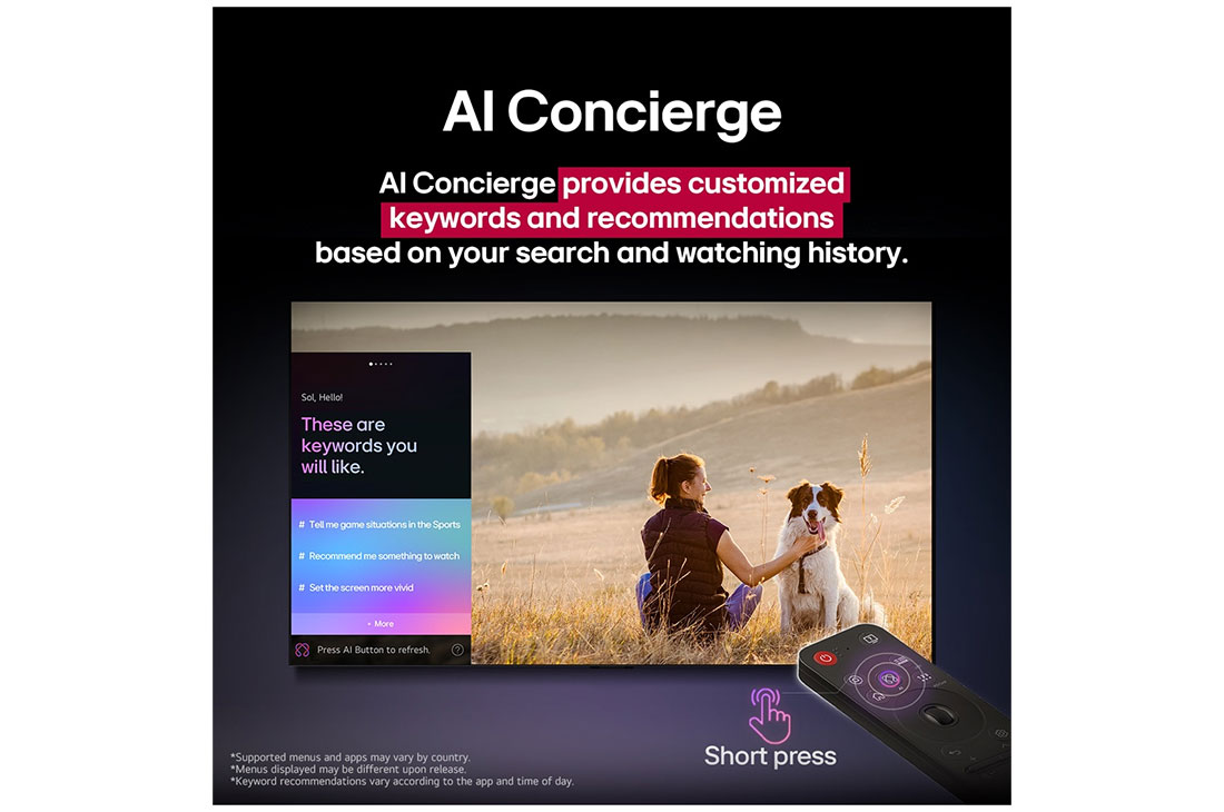 LG 75 palcový LG QNED evo AI QNED85 4K Smart TV 2025, LG AI Magic Remote pred obrazovkou LG TV. Na obrazovke je prispôsobený pozdrav od LG AI s vlastnými kľúčovými slovami na základe histórie hľadania a pozerania používateľa. Vedľa diaľkového ovládača je, 75QNED85A6C, thumbnail 13