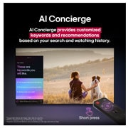 LG 75 palcový LG QNED evo AI QNED85 4K Smart TV 2025, LG AI Magic Remote pred obrazovkou LG TV. Na obrazovke je prispôsobený pozdrav od LG AI s vlastnými kľúčovými slovami na základe histórie hľadania a pozerania používateľa. Vedľa diaľkového ovládača je, 75QNED85A6C, thumbnail 13