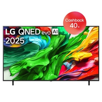 Pohľad spredu na LG QNED evo QNED92 TV, logo LG QNED evo AI v hornom rohu. Na televízore LG QNED evo QNED92 TV sa zobrazujú farebné textúry pripomínajúce maľbu, ktoré sa spájajú.1