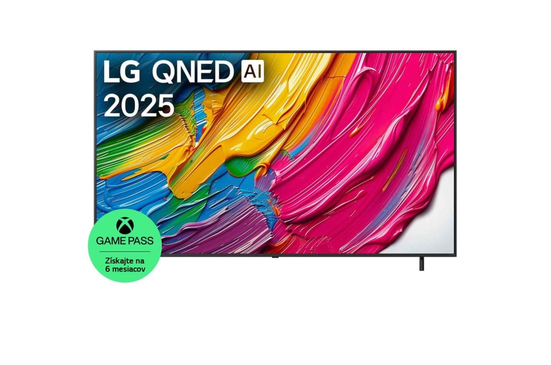 LG 86 -palcový LG QNED AI QNED80 4K Smart TV 2025, Pohľad spredu na televízor LG QNED80 TV, logo LG QNED AI v hornom rohu. Na televízore LG QNED TV sa zobrazujú farebné textúry pripomínajúce maľbu, ktoré sa spájajú., 86QNED80A6A