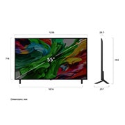 LG 55 palcový LG QNED evo AI QNED85 4K Smart TV 2025, Pohľad spredu a z boku na televízor LG QNED evo AI QNED85 4K Smart TV, kde sa zobrazujú jeho dĺžka, šírka, výška a hĺbka., 55QNED85A6C, thumbnail 4