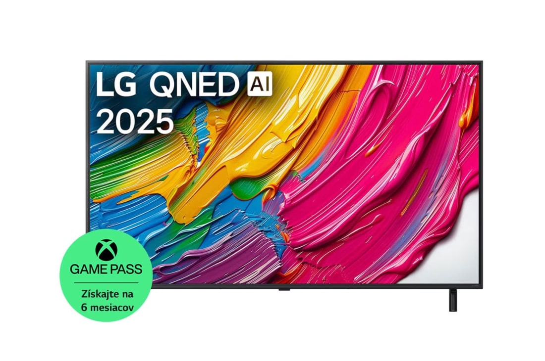 LG 65-palcový LG QNED AI QNED80 4K Smart TV 2025, Pohľad spredu na televízor LG QNED80 TV, logo LG QNED AI v hornom rohu. Na televízore LG QNED TV sa zobrazujú farebné textúry pripomínajúce maľbu, ktoré sa spájajú., 65QNED80A6A