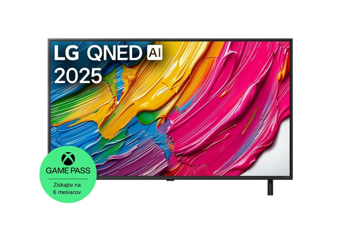 LG 55-palcový LG QNED AI QNED80 4K Smart TV 2025, Pohľad spredu na televízor LG QNED80 TV, logo LG QNED AI v hornom rohu. Na televízore LG QNED TV sa zobrazujú farebné textúry pripomínajúce maľbu, ktoré sa spájajú., 55QNED80A6A